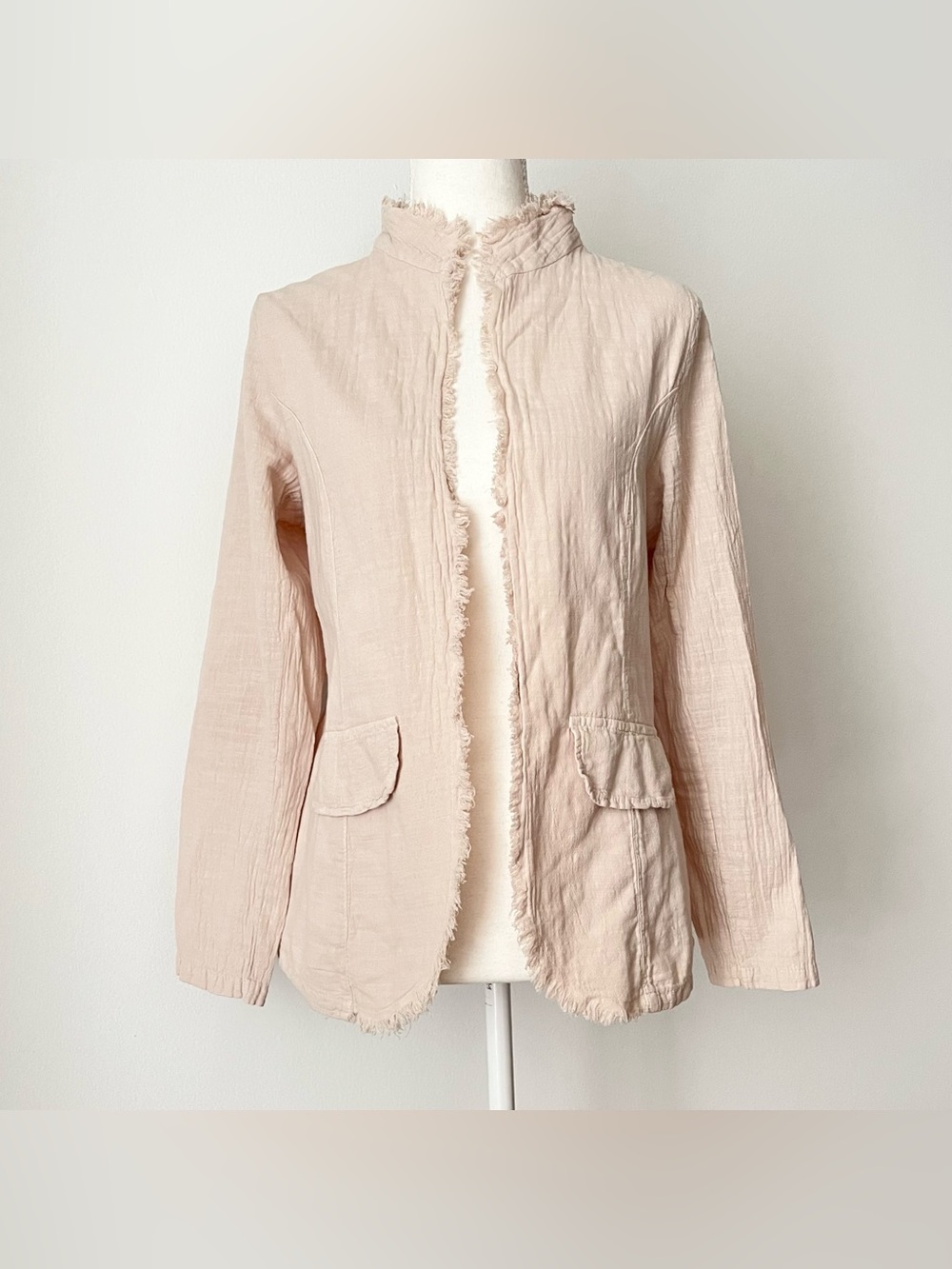Blanco Women's Gauze Cotton Jacket Size S Beige Frayed Edge Elbow Patch Peru
